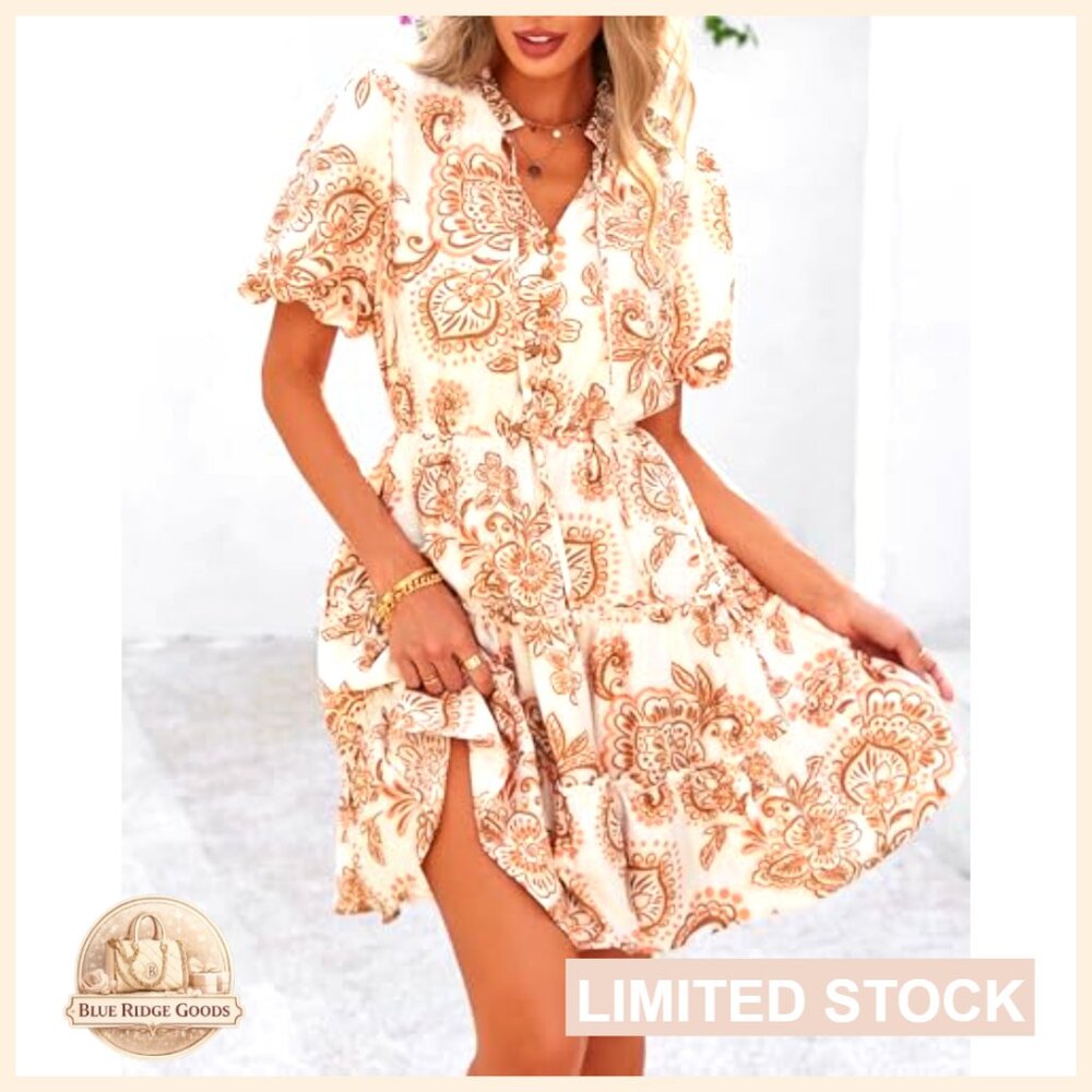 Boho Floral Mini Dress Tiered Ruffle V Neck Short Sleeve A Line Summer - Picture 2 of 7